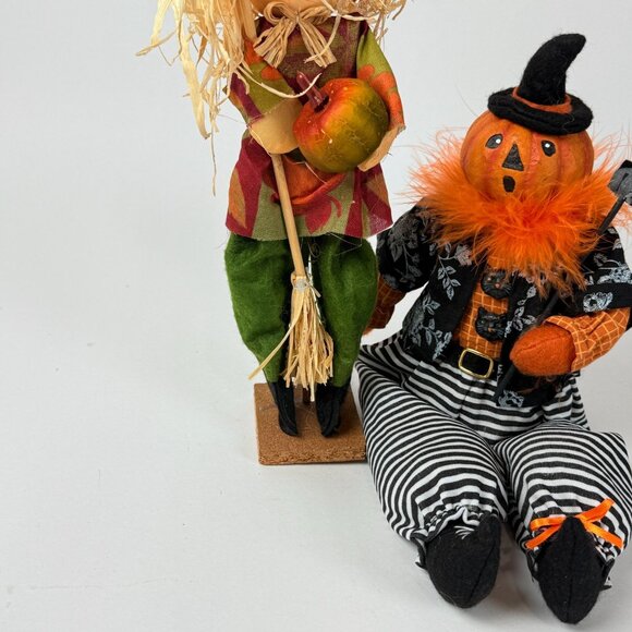 Festive Halloween Harvest Scarecrow Pair Pumpkin Witch Free Standing Decor - Picture 4 of 9